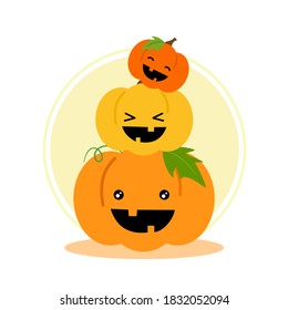 Cute stacking pumpkin characters for Halloween party. Funny and spooky monster cartoon isolated on white background. Flat vector illustration