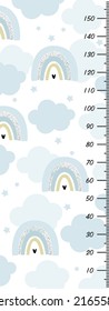 Cute stadiometer with rainbow clouds and stars on a white background. Check your baby's height. For children's wall decor, wallpaper.