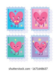 cute stamps, adorable love hearts. Lovely romantic icons,  vector illustration