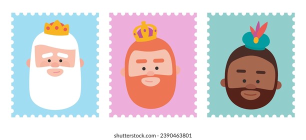 Cute Stamps packs of the wise men. The three kings of orient, Melchior, Gaspard and Balthazar.