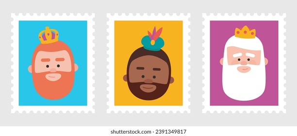 Cute Stamps packs of the wise men. The three kings of orient, Melchior, Gaspard and Balthazar.