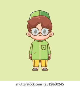 Cute stand muslim boy child kawaii chibi character mascot illustration outline style design set