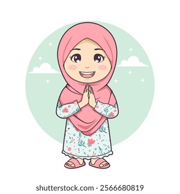 Cute stand Muslim girl child kawaii Chibi character mascot illustration outline style design