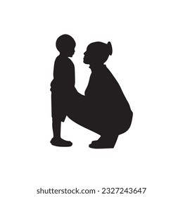 A cute standing baby with his mother silhouette vector art.