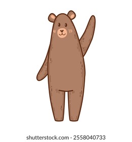 Cute standing bear with a friendly wave, for playful vector illustrations. Whimsical design suitable for kids, party decor, or digital graphics. For woodland events or eco-friendly materials