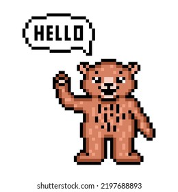 Cute standing brown teddy bear waving friendly and saying "hello" (text in a speech bubble), pixel art animal character on white background. Retro 80s, 90s 8 bit slot machine, video game graphics.