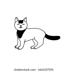 A cute standing cat in doodle style. It is black and white. Hand drawn vector illustration in black ink on white background. Isolated picture for your design. 