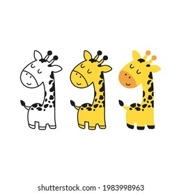 Cute standing little giraffe in cartoon style in three options isolated on white. Linear and color. Can be used like sticker for t shirt print.