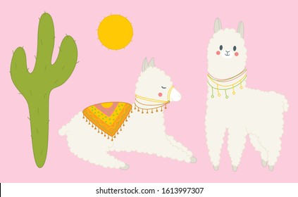 Cute standing and lying lamas and a cactus on the pink background. Vector illustration in cartoon style