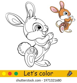 Cute standing rabbit. Cartoon character rabbit. Coloring book page with colorful template. Vector contour isolated illustration. For coloring book, preschool education, print, stickers,design and game