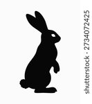 Cute standing rabbit silhouette icon in solid black on white background simple bunny shape perfect for Easter decoration kids crafts cutting machine template logo design spring illustration