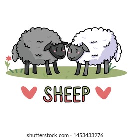 Cute standing sheep in a field cartoon vector illustration motif set. Hand drawn isolated agriculture livestock elements clipart for farming blog, wooly graphic, mutton web buttons.