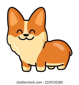 Cute standing and smiling Corgi puppy sticker. Flat vector illustration. Fox like dog cartoon character. Pet and mascot concept