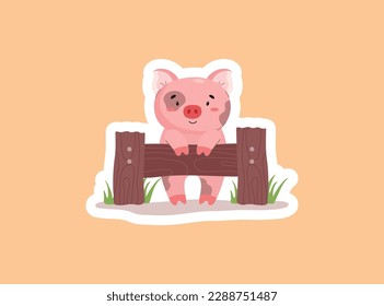 Cute standing smiling pig with spots leaning on wooden fence sticker flat style, vector illustration isolated on peach background. Funny farm animal, decorative design element