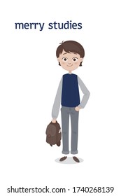 Ein süßer stehender lächelnder Schuljunge mit braunem Haar und einem Schulbeutel in der Hand in einer grauen Jeans und einer blauen Weste. Vector Cartoon Illustration. Isoliert auf weißem Hintergrund