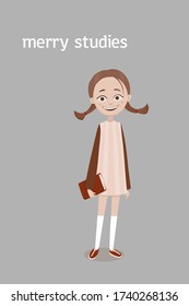 A cute standing smiling school girl with a brown plaits and a red book in her hand in a dress and knee socks. Vector cartoon illustration. Isolated on the gray background