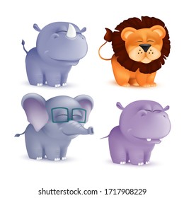 Cute standing and squinting cartoon baby characters set - rhino, lion, elephant, hippo. Vector illustration of an African wildlife mascot newborn animals isolated on white background