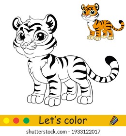 Cute standing tiger. Cartoon character tiger. Coloring book page with colorful template. Vector contour illustration isolated on white background. For coloring book,preschool education, print and game