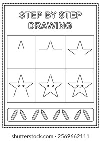 Cute star. Book page, drawing step by step. Black and white vector coloring page.