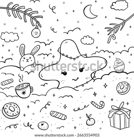 Cute star and bunny kawaii vector under starry winter sky, surrounded by candy canes and festive lollipop. Hand-drawn doodle style vector coloring book page for children