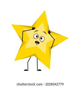 Cute star character with emotions in a panic grabs his head, surprised face, shocked eyes, arms and legs. Space and weather symbol with kind expression