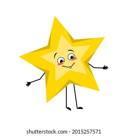 Cute star character with joyful emotions, smile face, happy eyes, arms and legs. Space and weather symbol with kind expression