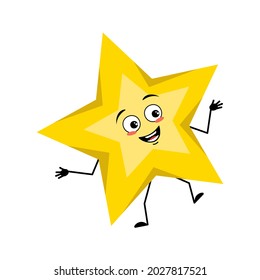 Cute star character with joyful emotions, dancing, smile face, happy eyes, arms and legs. Space and weather symbol with kind expression