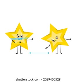 Cute star character with sad emotions, face and mask keep distance, arms and legs. Space and weather symbol with kind expression