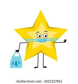 Cute star character with sad emotions, face and mask keep distance, hands with shopping bag and stop gesture. Space and weather symbol with kind expression