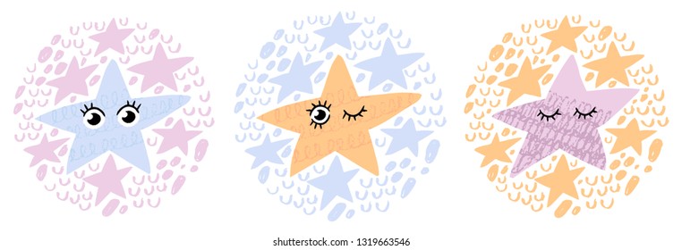 Cute star characters. Illustration set.  Ready-to-print design template. Clothes badge, banner, tag. Vector illustration.