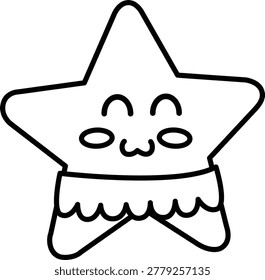 Cute star with closed eyes and smiling face. Star wears a ruffled skirt, giving it a playful look. Simple black lines on a white background, minimalistic design. Perfect for kids' books