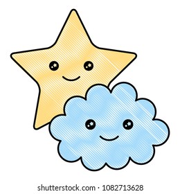 cute star with cloud kawaii character