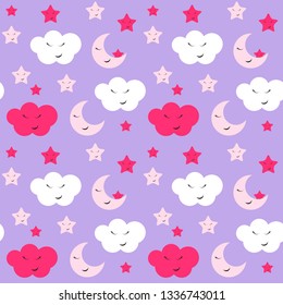 Cute Star, Cloud and Moon Seamless Pattern Background Vector Illustration EPS10 