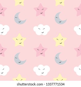 Cute Star, Cloud and Moon Seamless Pattern Background Vector Illustration EPS10 