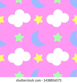 Cute Star, Cloud and Moon Seamless Pattern Background Illustration