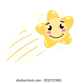 Cute star. Element of night and nature. Falling Cartoon illustration. Children drawing. Space star with fun face. Yellow comet