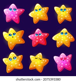 Emoji estrella, caras brillantes de oro con diferentes emociones aisladas en fondo azul. Dibujo vectorial conjunto de graciosos personajes estrella con sonrisa feliz, emocionado, enojado, arrogante, confuso y enamorado