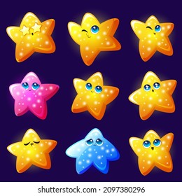 Cute star emoji, gold shiny emoticons isolated on blue background. Vector cartoon set of funny star character with happy smile, sad, excited, sleepy and confused