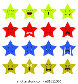 Cute Star Emoji on White Background  Designed as 4 Groups Of Facial Expressions, Happy, Angry, Sad, Frightened. Useful For General Cartoon Face And Emotional Reaction. 