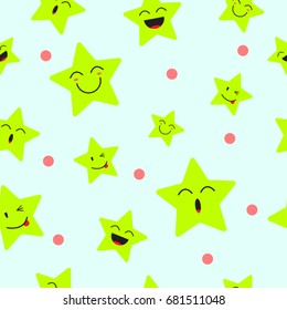 Cute Star Emoji Seamless Pattern Background  Designed as 4 Happy Facial Expressions, Smile, Laugh, Ho Ho, Wink. Useful For General Delight & Fun Cartoon And Emotional Reaction Of Enjoyment. 