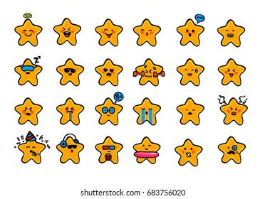Cute star emoji stickers, patches collection. Vector set  illustration. Kawaii style hand drawn sketch. Set of emoticons. Smile 