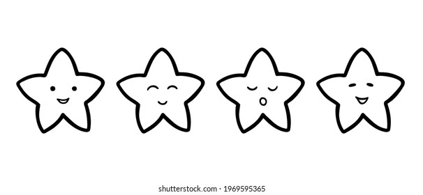 Cute Star Emoticons icon set. Hand drawn doodle style. Isolated vector illustration