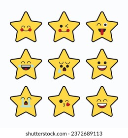 Cute star emoticons icons set. Emoji faces collection. Emoji flat style. Happy and sad emoji. Line cute stars - stock vector.