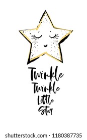 Cute star face and twinkle twinkle little star text. Baby cute sky t-shirt design print. Simple doodle hand drawn illustration in watercolor style. Black, yellow, gray graphic on white background.