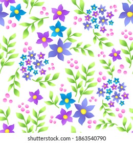 cute star flowers with green twigs and pink berries seamless vector ornament on white background for packaging, fabric, printing and web design