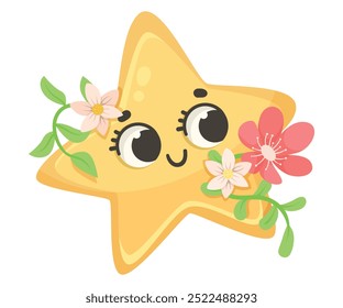Cute Star with Flowers and Pretty Face Vector Illustration