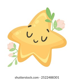 Cute Star with Flowers and Pretty Face Vector Illustration