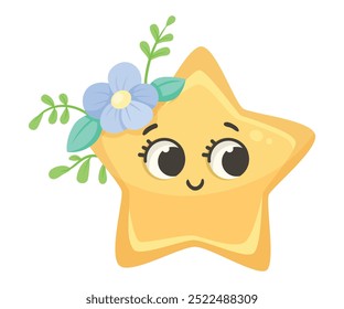 Cute Star with Flowers and Pretty Face Vector Illustration