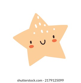 Cute star icon. Element for print on childrens clothing. Adorable character for kids. Badge for bags, label for notebooks and calendar. Social media sticker. Cartoon flat vector illustration