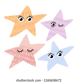 Cute star illustration template. Star characters set in pastel colors.  Ready-to-print design template. Clothes badge, banner, tag. Vector illustration.
